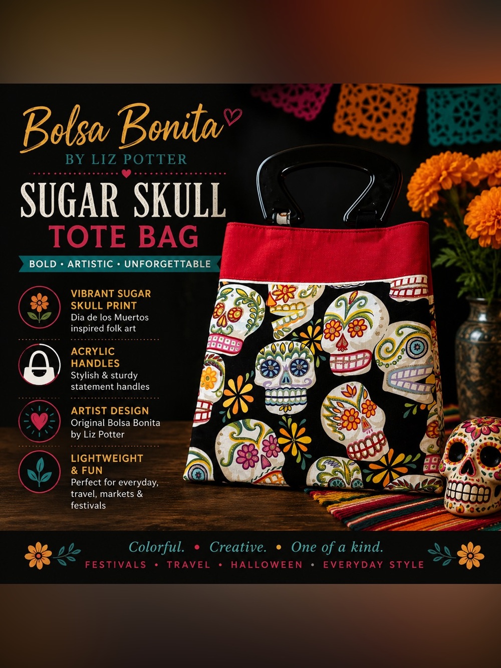 Liz Potter Bolsa Bonita Sugar Skull Statement Tote with Acrylic Handles